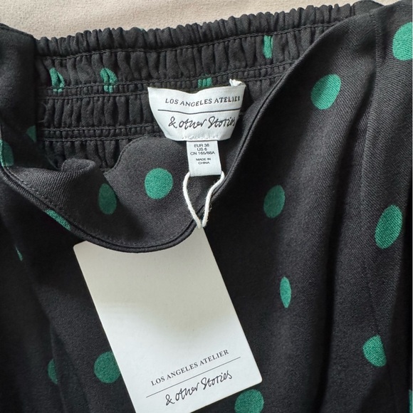 NWT & Other Stories Black Green Polka Dot Puff Sleeve Slit Midi Dress size 6 - Picture 7 of 10